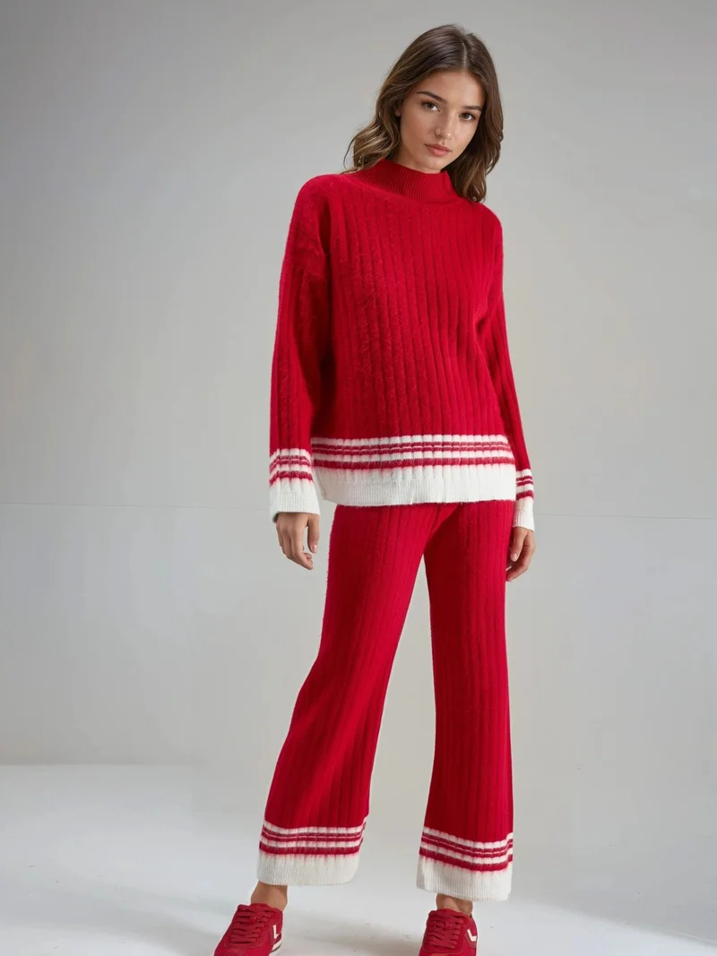 My Fashion Red MY FASHION Striped Ribbed Knit Co-Ord Set with Half Turtleneck for Women | Best Price UAE